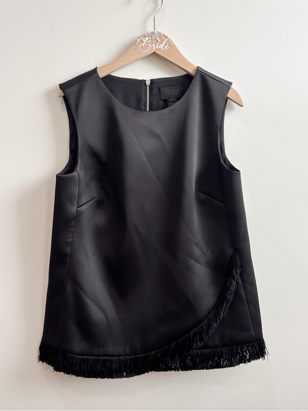 J.Crew Collection Like New Black Satin Sleeveless Shell Top With Fringe Size 2